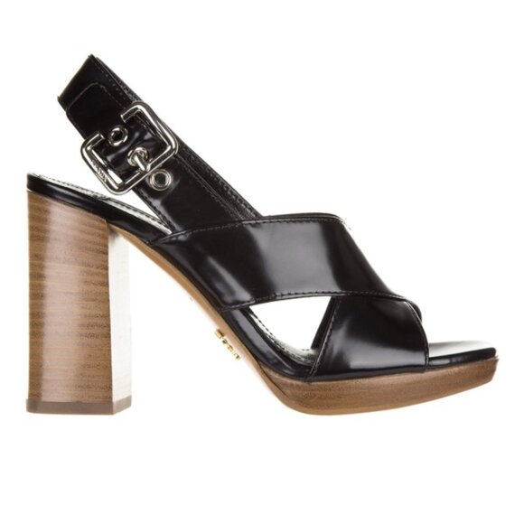 Prada Women's Leather Crisscross Block-Heel Sandals black 38 - Picture 2 of 16